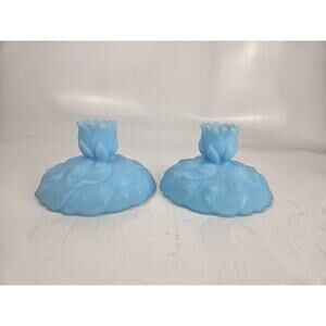 Vintage Fenton Blue Satin Glass Water Lily Frosted Candle Holders Set of 2